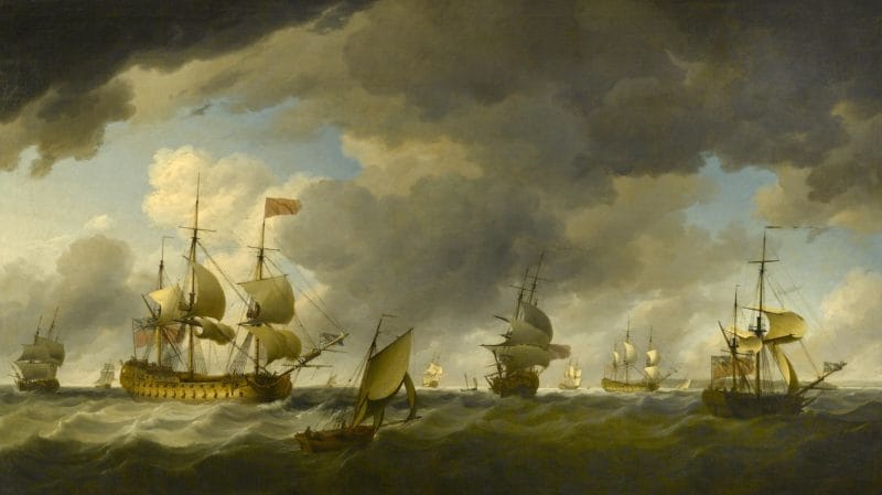 A Flagship, Wearing the Flag of a Vice Admiral of the Red, Before the Wind off the English Coast, With a Cutter, a Ketch-rigged Sloop and Other Shipping 