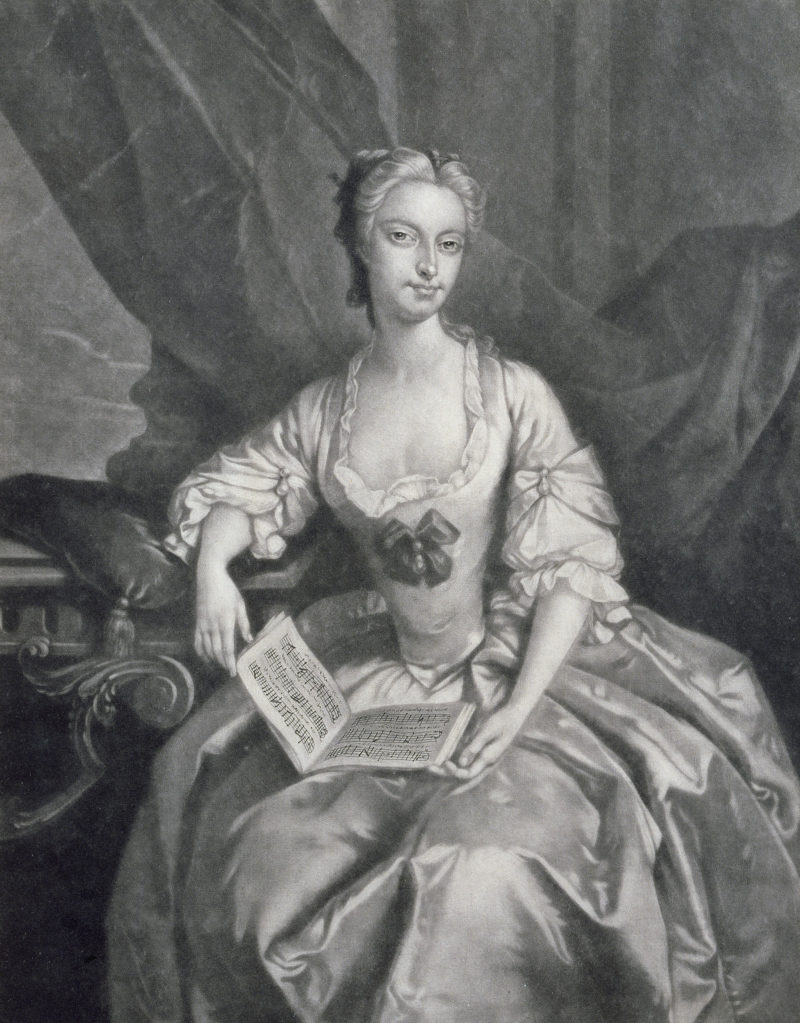 Mezzotint by A. van Haecken, Mrs Clive from the picture at Strawberry Hill, ca.1735, c. Gerald Coke Handel Collection