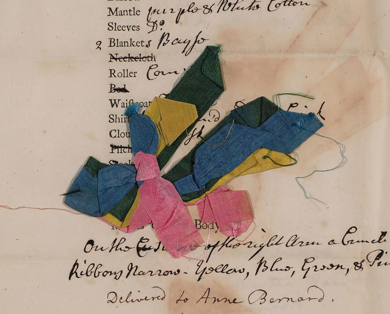 ‘A bunch of 4 ribbons narrow – Yellow, Blue, Green, & Pink’. Silk ribbons tied in a bunch with a knot. Foundling number 170. A girl admitted 9 December 1743. Given the name Pamela Townley by the Foundling Hospital. Died 1 September 1746 © Coram