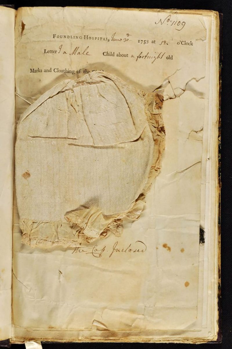 Cap-d‘Cap diaper’. A baby’s cap, made from linen diaper, fringed with lace. Foundling number 1109. A boy aged about a fortnight, admitted 30 June 1753. Named Felix St George by the Foundling Hospital. Apprenticed 22 August 1764 to Thomas Budgen, farmer of Eaton Bridge, Kent © Coram