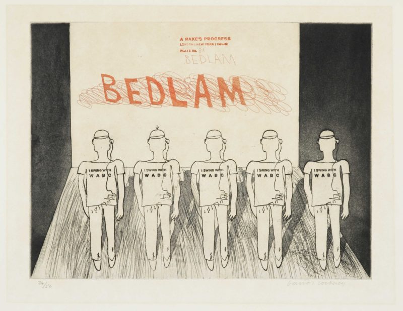 David Hockney, 8a. The Bedlam, A Rake’s Progress 1961-63. Courtesy Whitworth Art Gallery, The University of Manchester