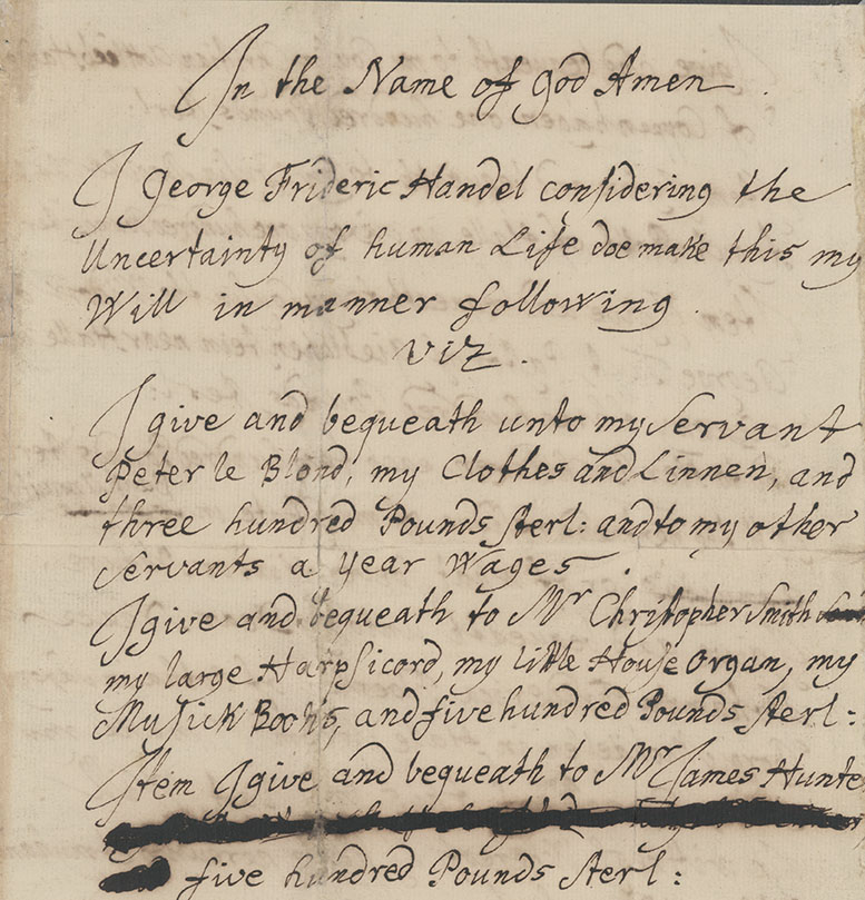 Page from Handel's will © Gerald Coke Handel Collection