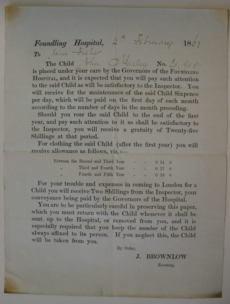 A letter to a foster mother/nurse from Hospital Secretary John Brownlow